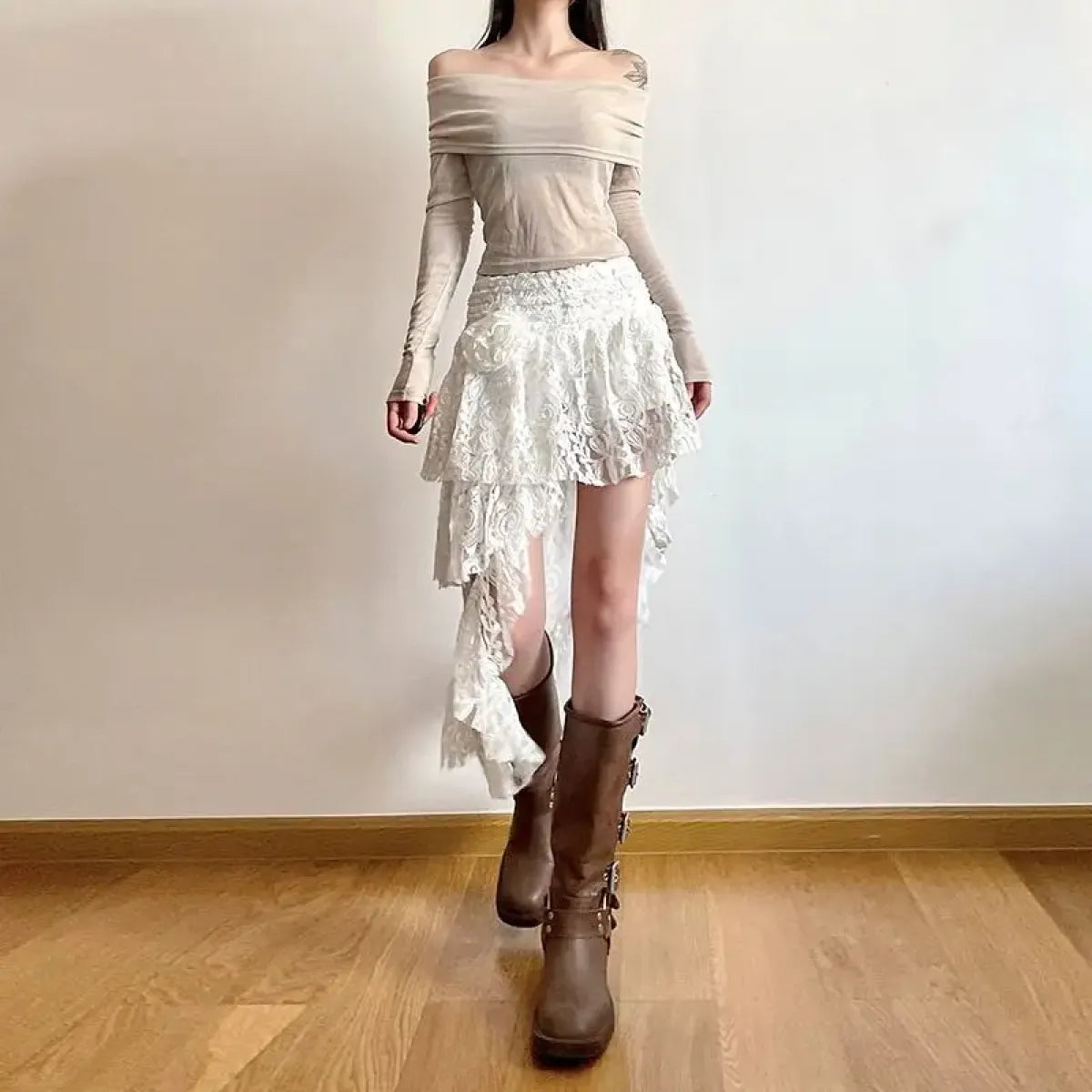 White Asymmetrical Lace Skirt – Fairycore Boho Irregular Skirt
