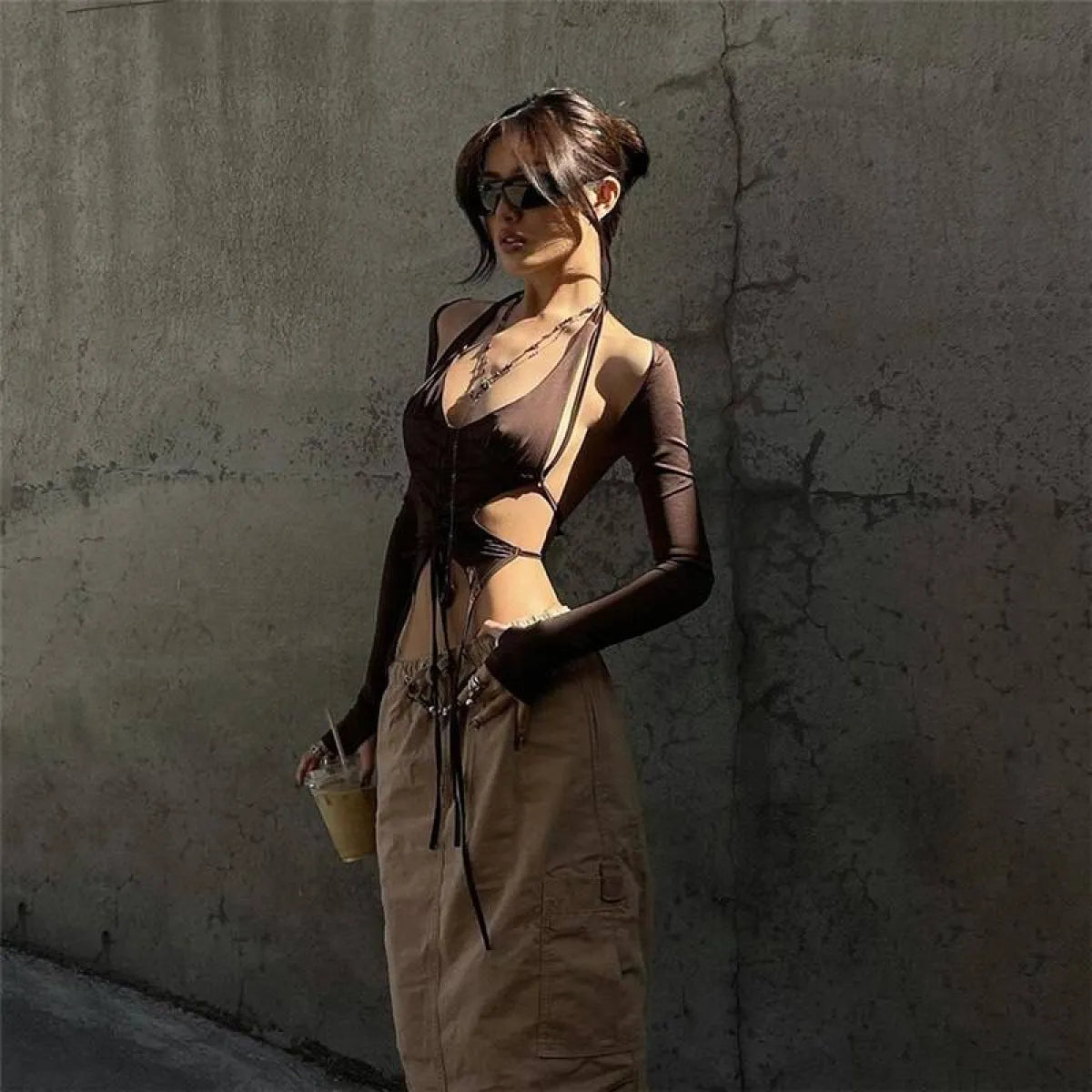 Backless Long Sleeve Crop Tops