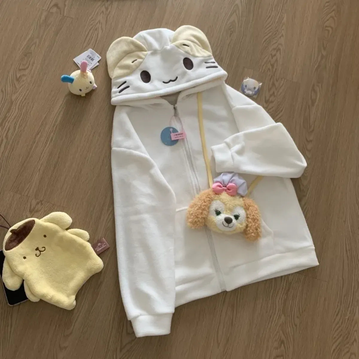 Beige Cutecore Cat Fleece  Hoodie With Zipper