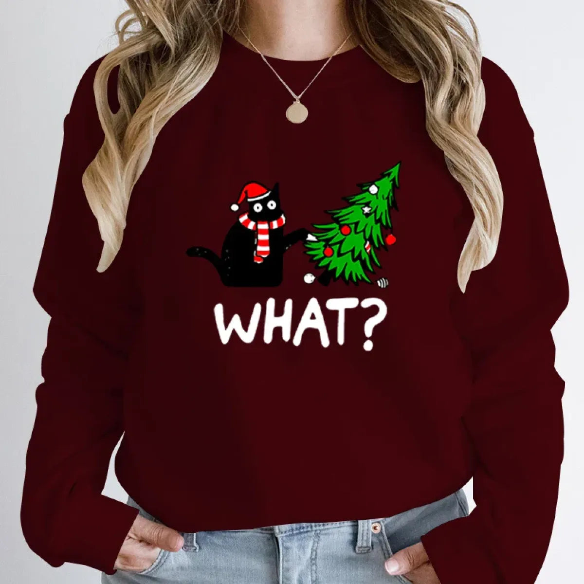 "What?" Black Cat Christmas Tree Sweatshirt
