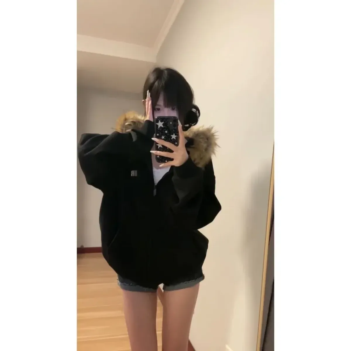 Black Faux Fur Hooded Zip-Up Jacket – Oversized Harajuku Style