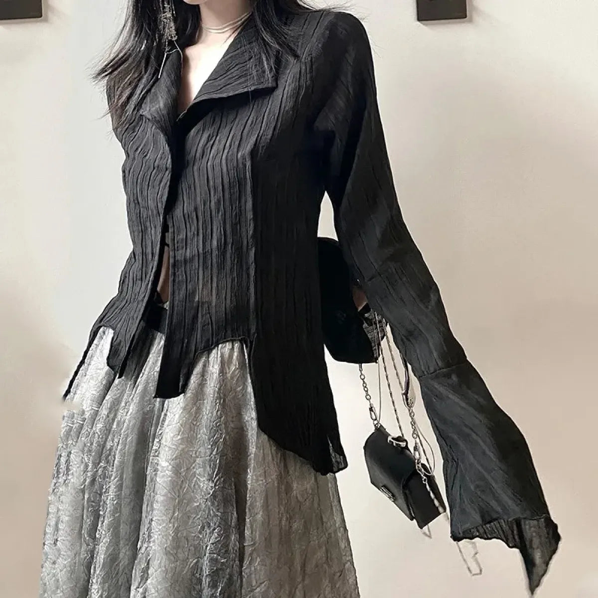 Black Gothic Irregular Shirt – Dark Aesthetic Grunge Blouse