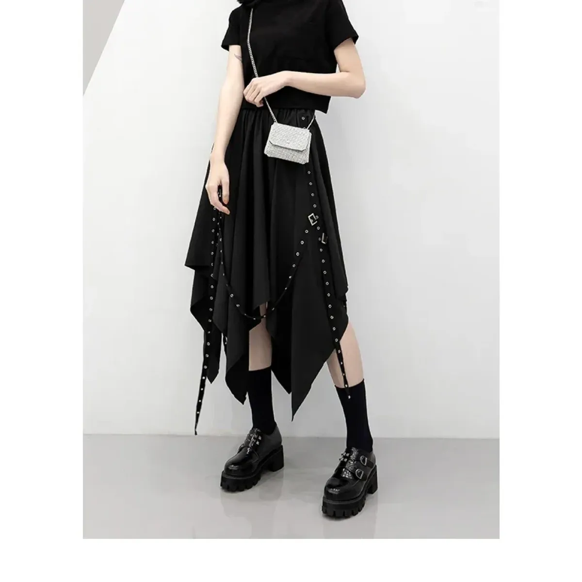 Black Irregular Hem Gothic Punk Skirt – Buckle Straps & Studded Details
