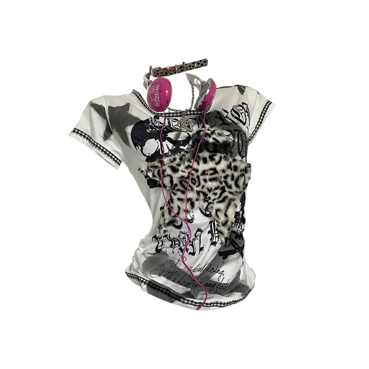 Y2K Punk Tee – Leopard Print Patchwork & Skull Graphic