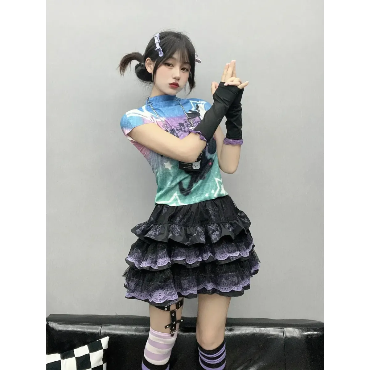 Y2K Punk Lace Mini Skirt – Gothic Layered A-Line Skirt