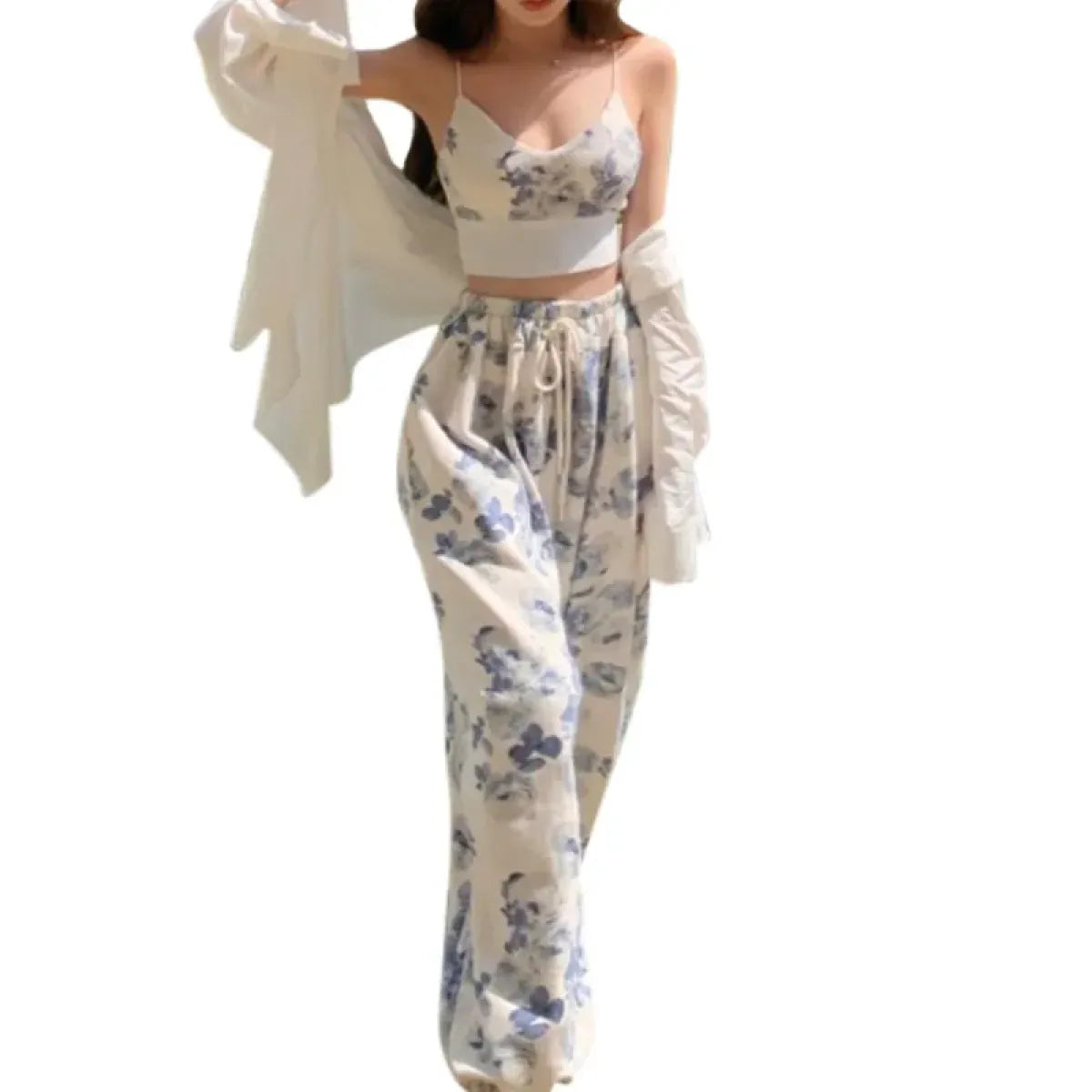 Blue Floral Two-Piece Set – V-Neck Camisole & Drawstring Pants