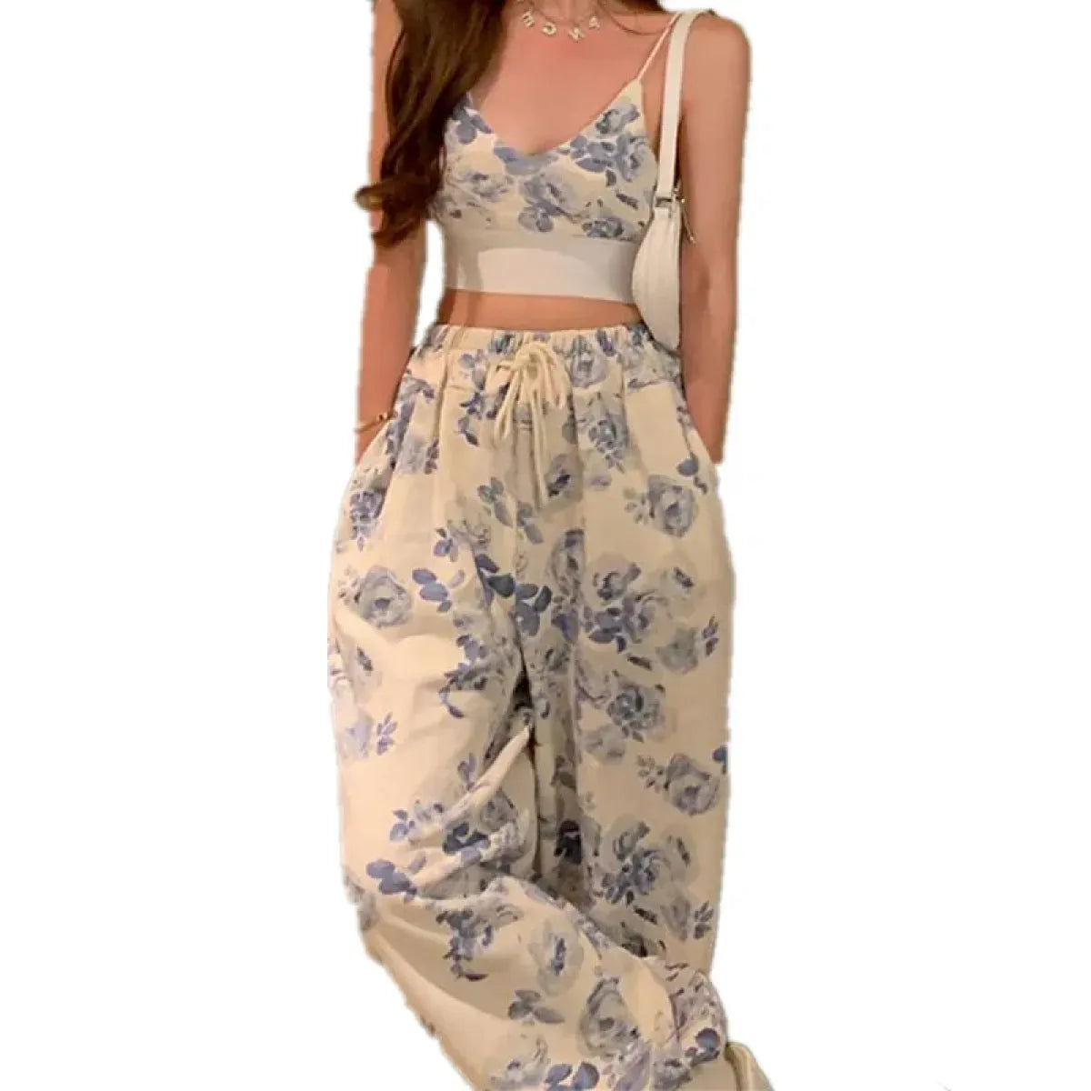 Blue Floral Two-Piece Set – V-Neck Camisole & Drawstring Pants