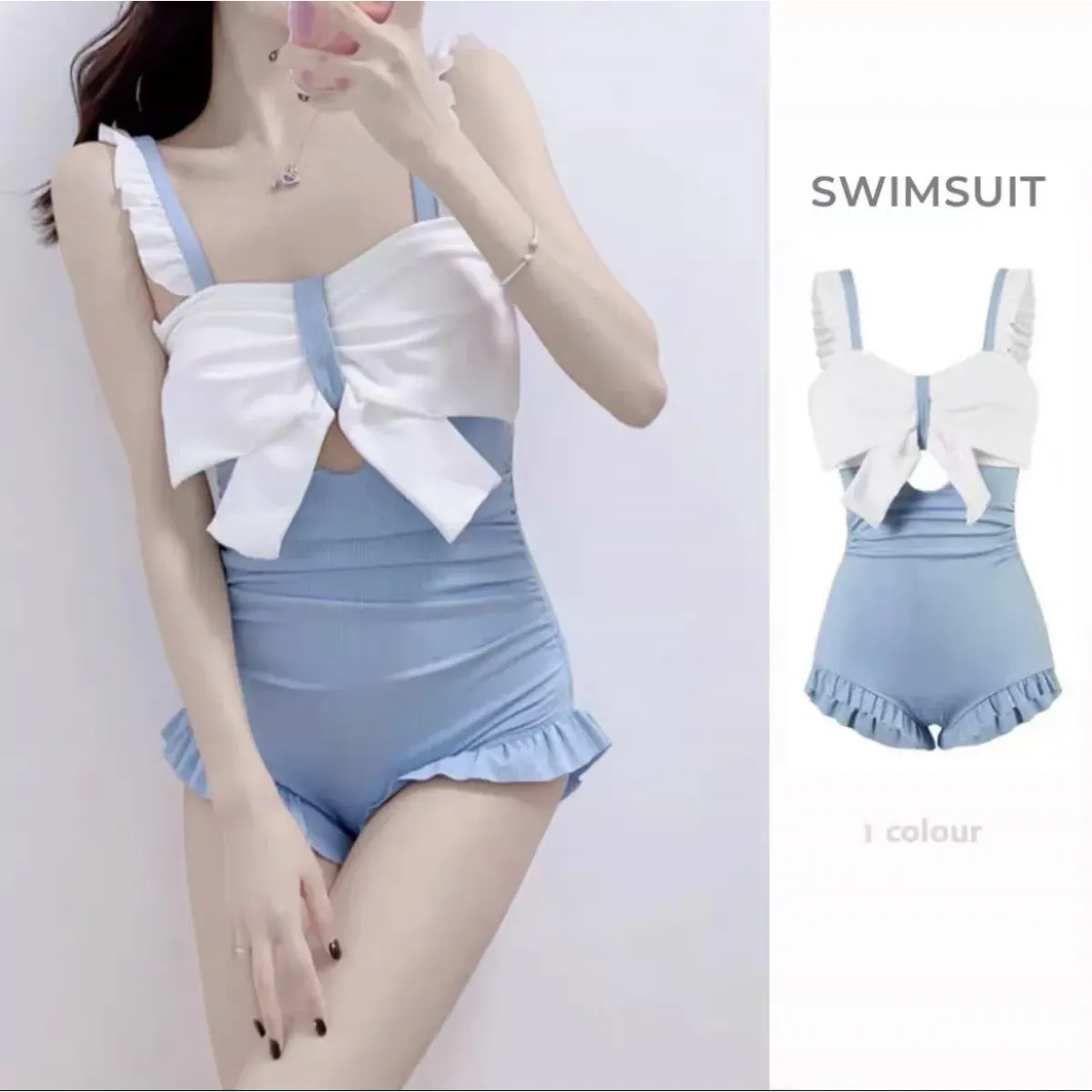 Bow Patchwork Swimsuit β Korean Ruffle One Piece Shorts