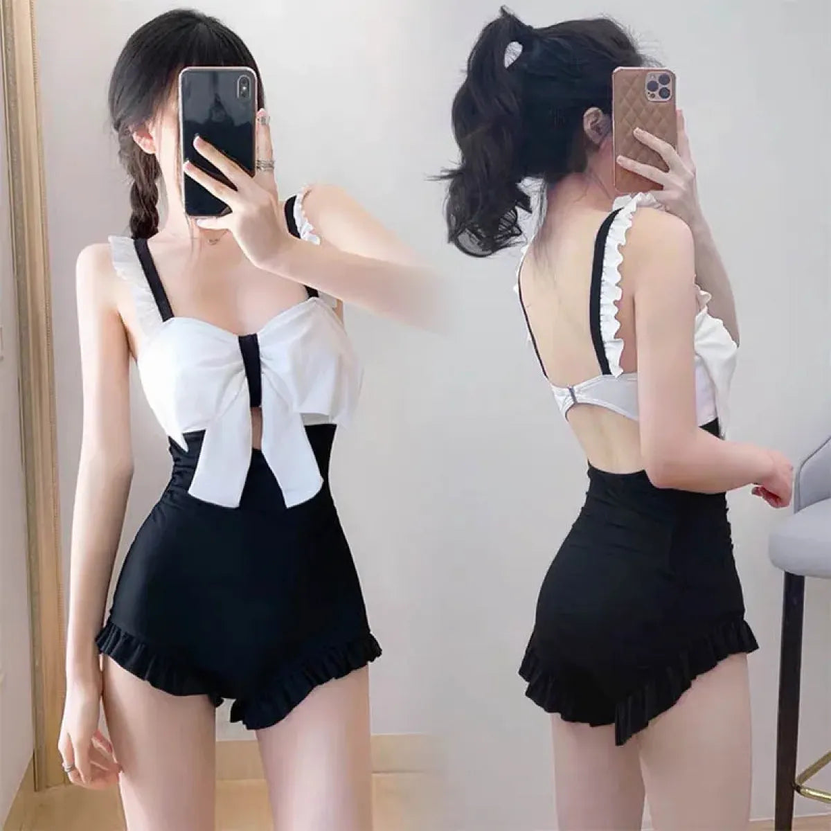 Bow Patchwork Swimsuit β Korean Ruffle One Piece Shorts