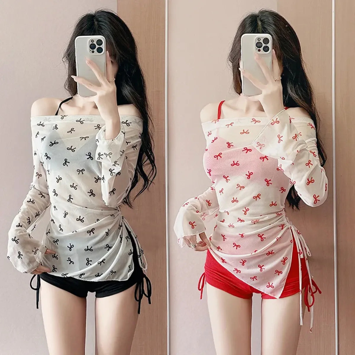 Bow Print Bikini Set – Korean 3pcs Mesh Cover with Drawstring Shorts