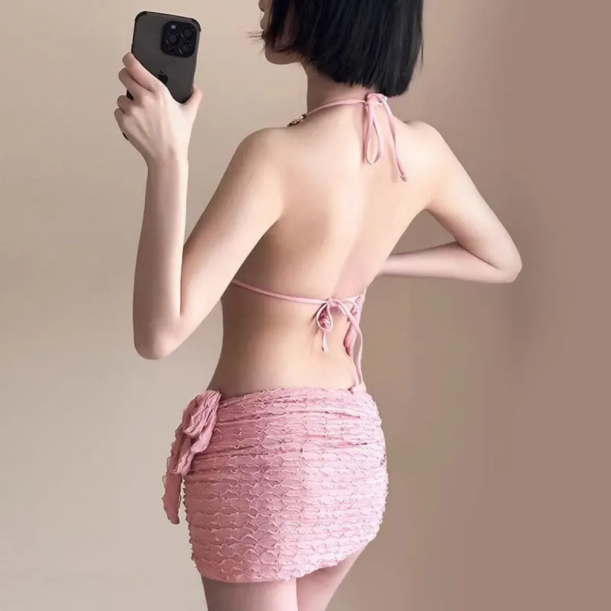 Chain Halter Bikini Set with Skirt – Korean 3PCS Beach Swimwear