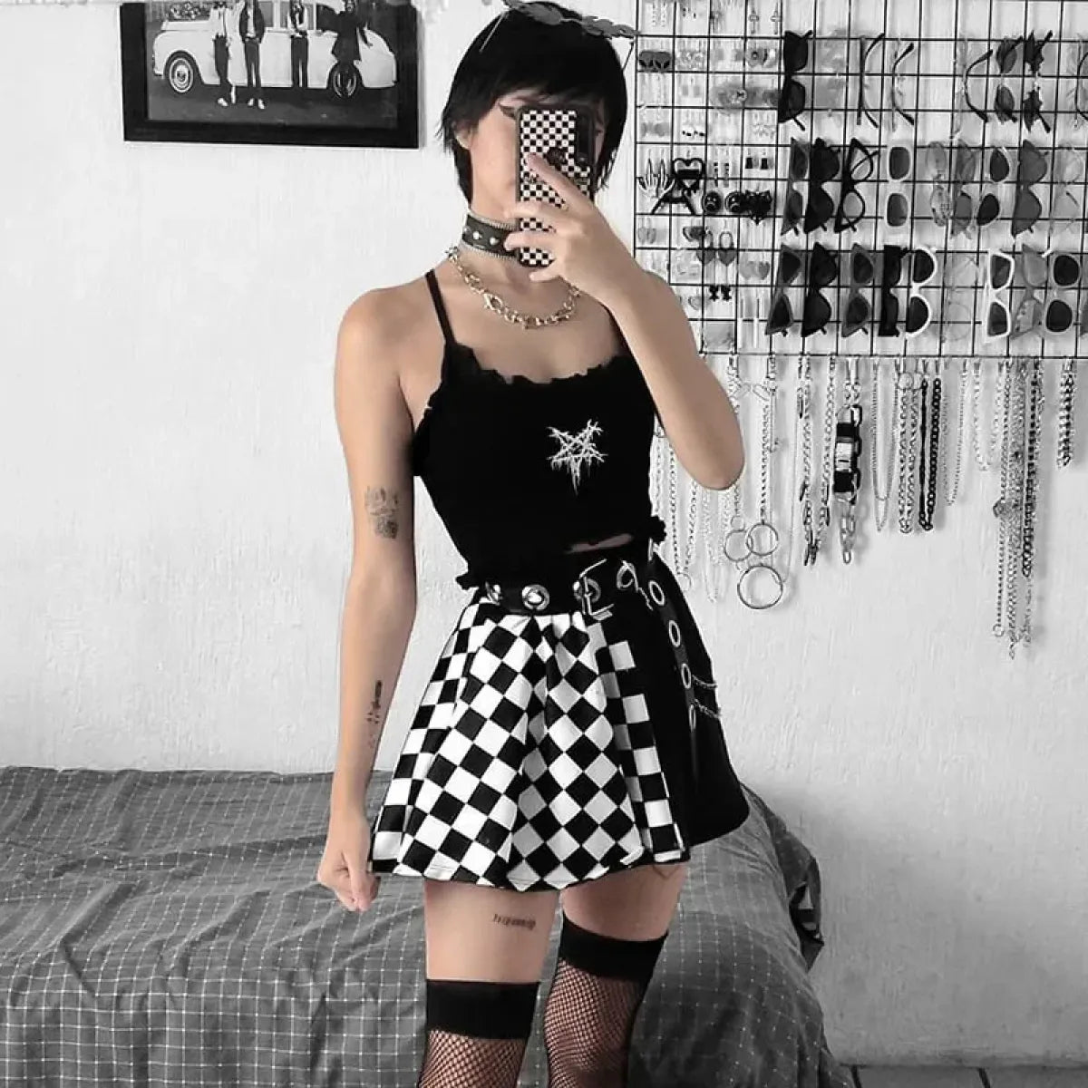 Checkerboard Gothic Punk Skirt – Grommet Chains & Contrast Panels