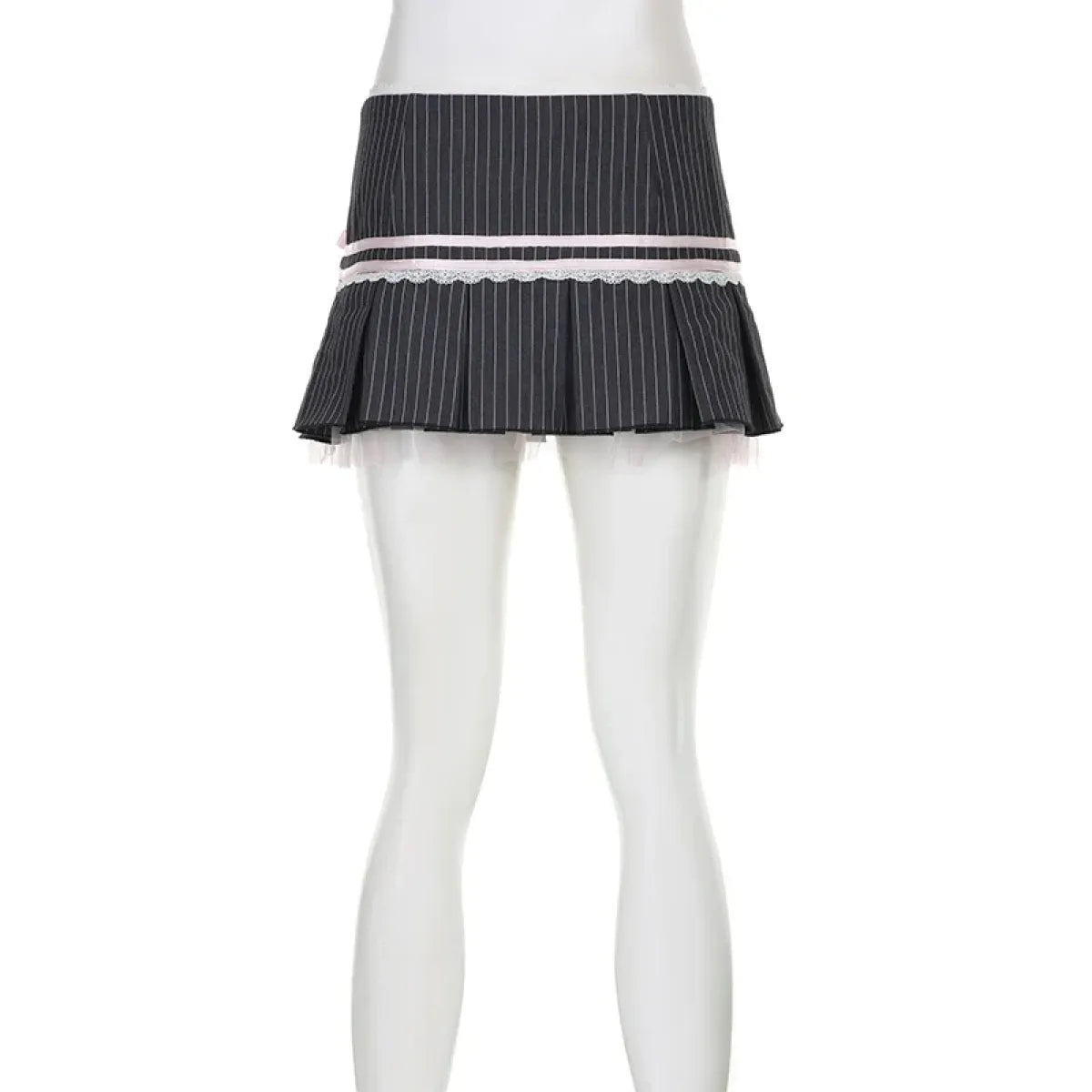 Y2K Coquette Aesthetic Pinstripe Pleated Black Mini Skirt with Bow