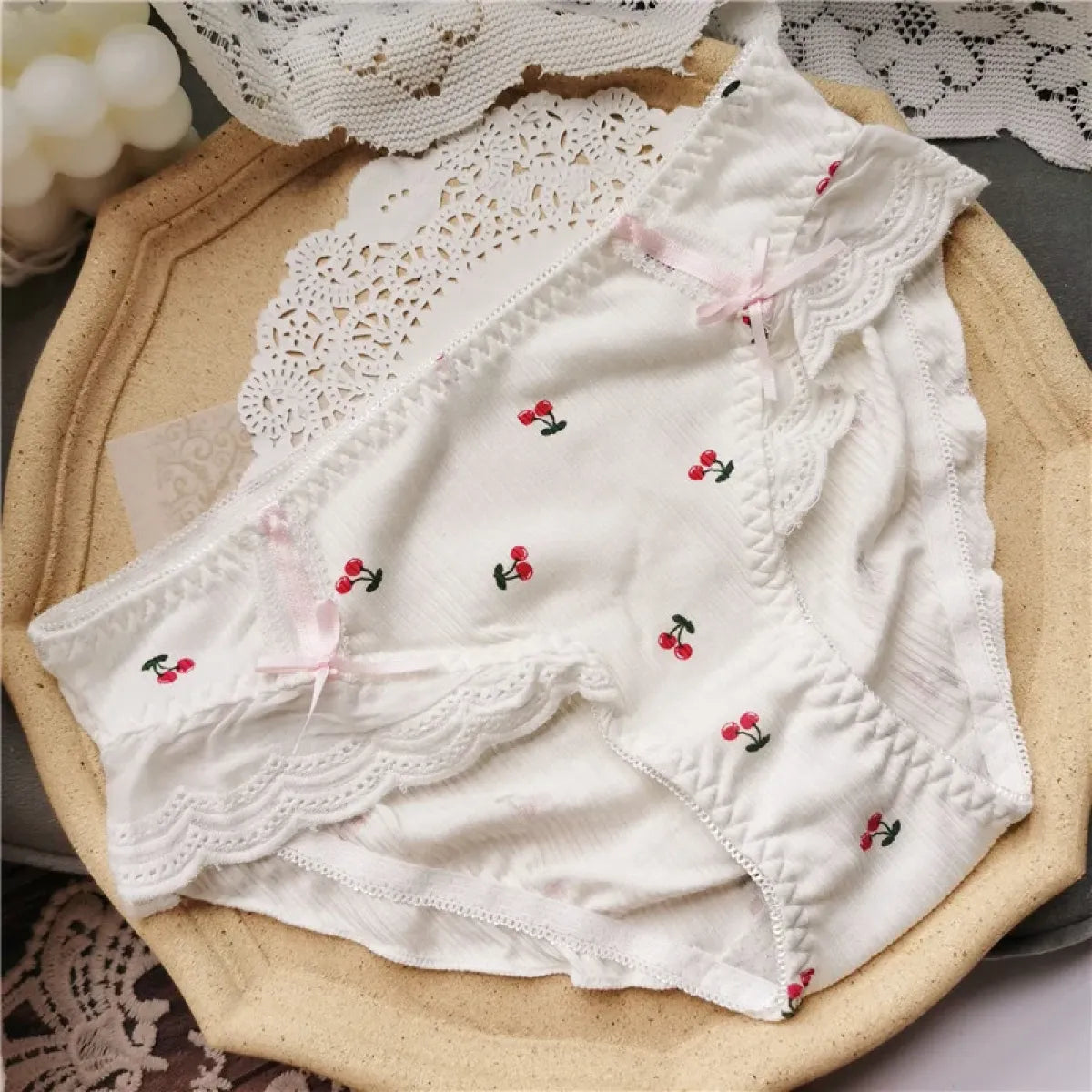 Cotton Lace Low Waist Panties with Fruit Print & Bows – Kawaii Lingerie