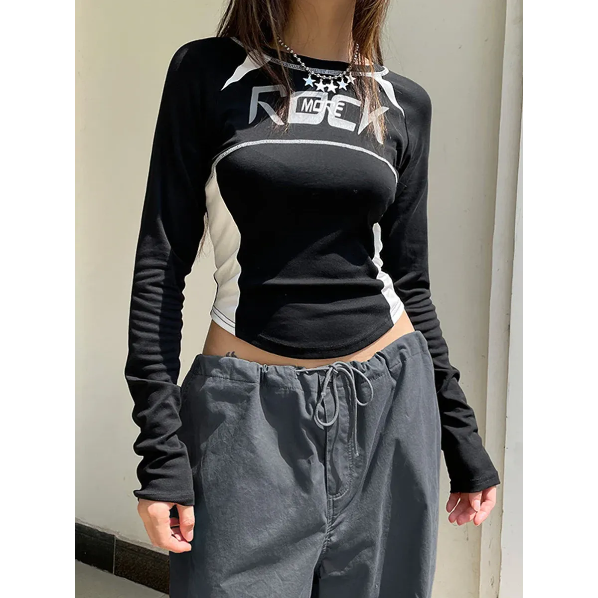 Crew Neck Letter Print Top - Long Sleeve Casual Streetwear T-Shirt