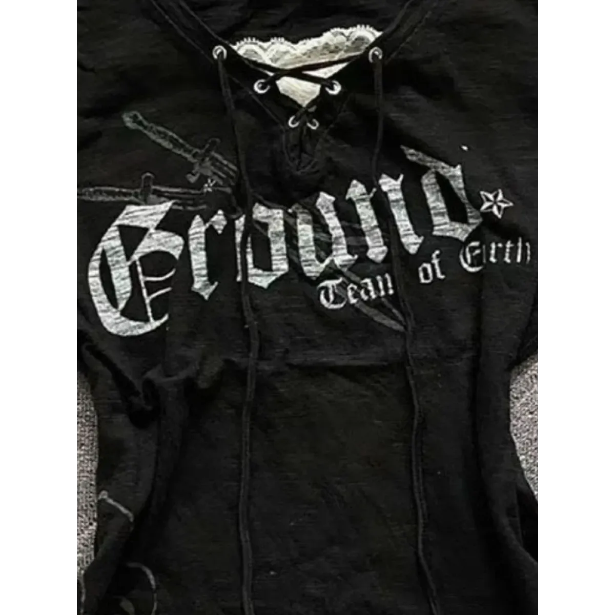 Black Lace-Up Graphic T-Shirt – Fairy Grunge Harajuku Top