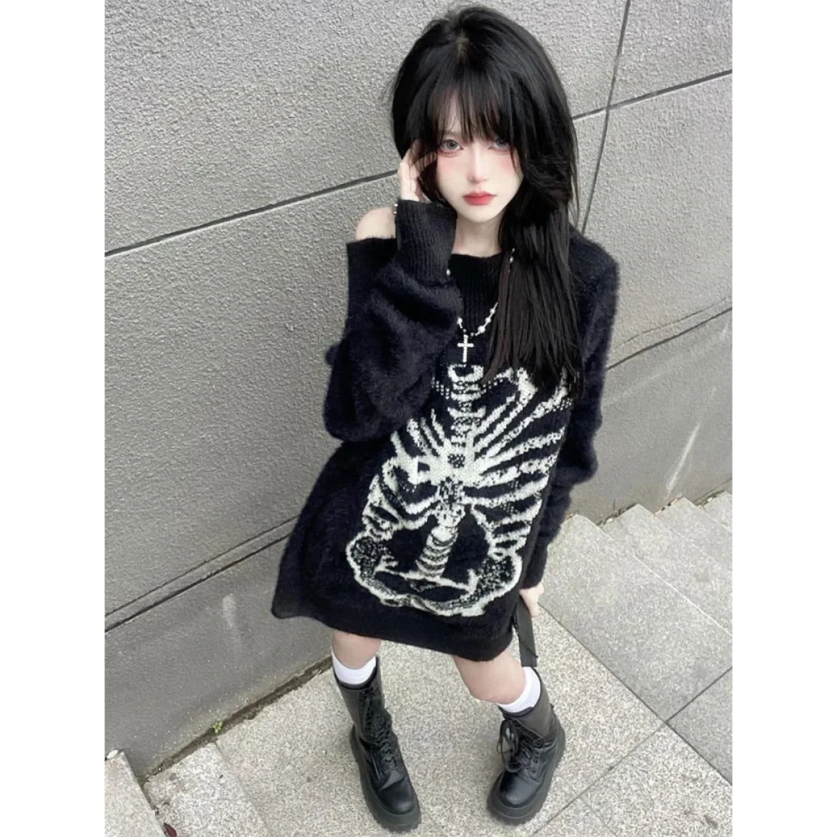 Black Skull Print Harajuku Sweater – Gothic Grunge Y2K Knitwear