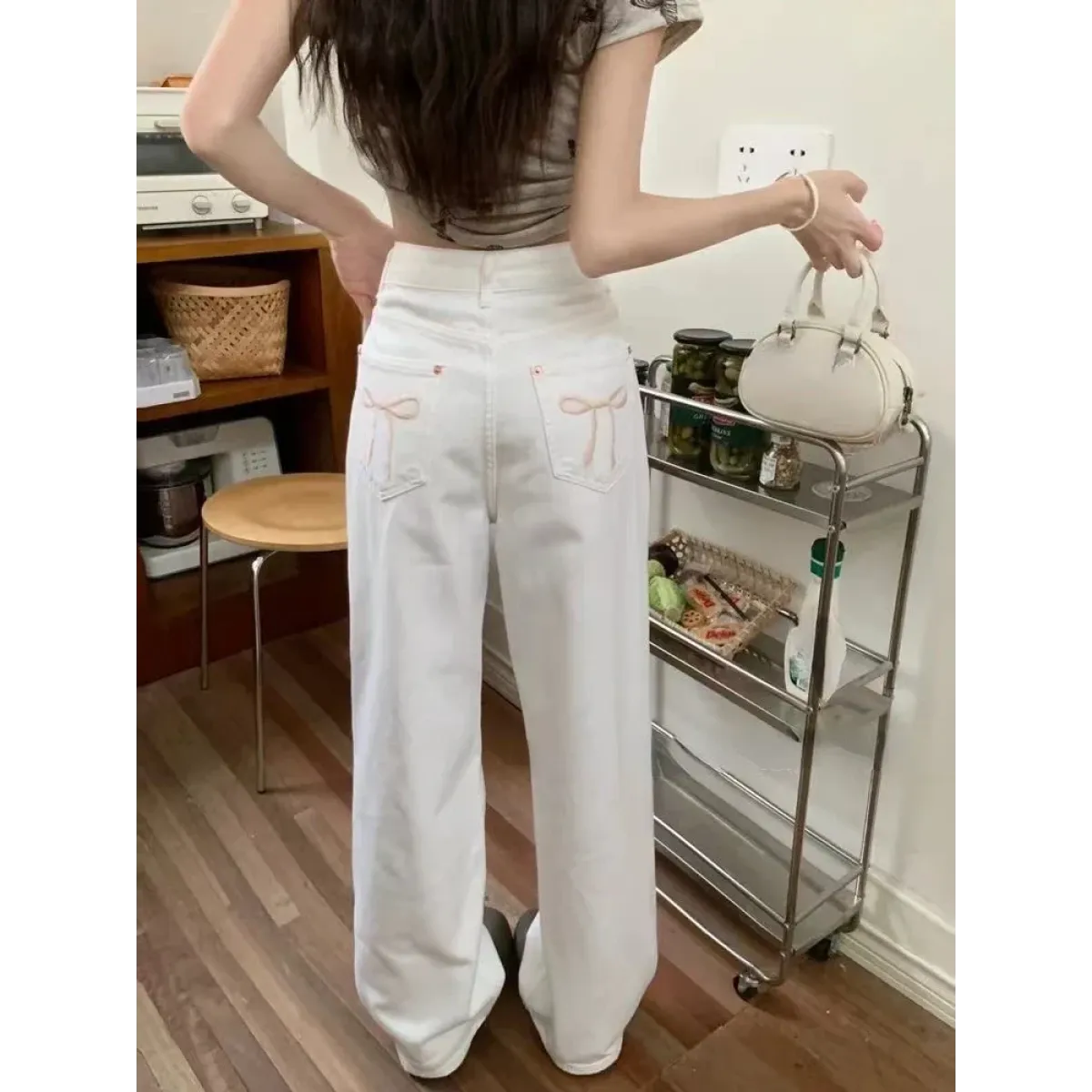 Wide Leg Jeans – High Waist Y2K Bow Embroidery