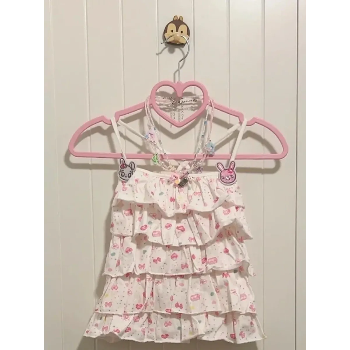 White Kawaii Ruffle Camisole – Bunny Embroidery & Bow Print