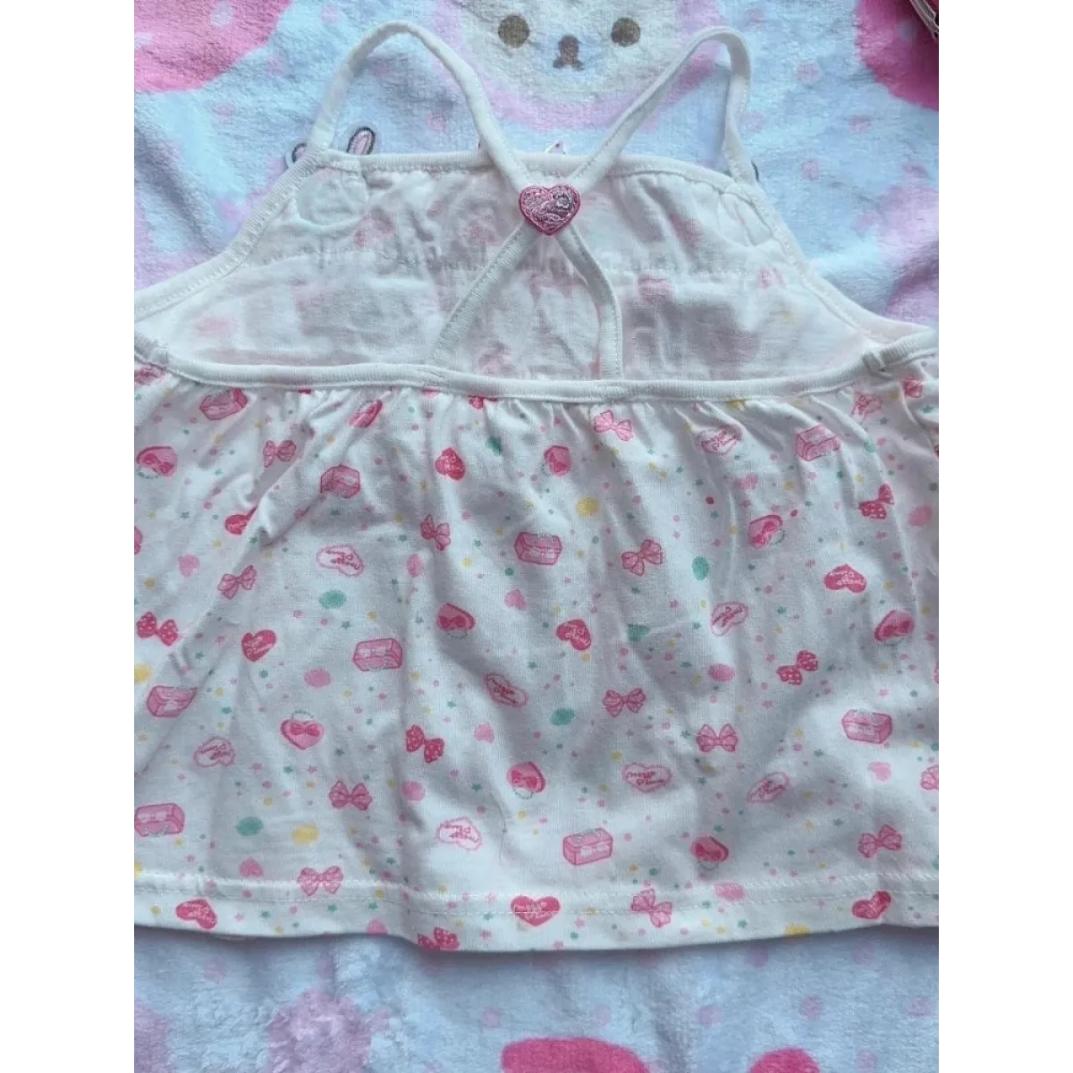 White Kawaii Ruffle Camisole – Bunny Embroidery & Bow Print