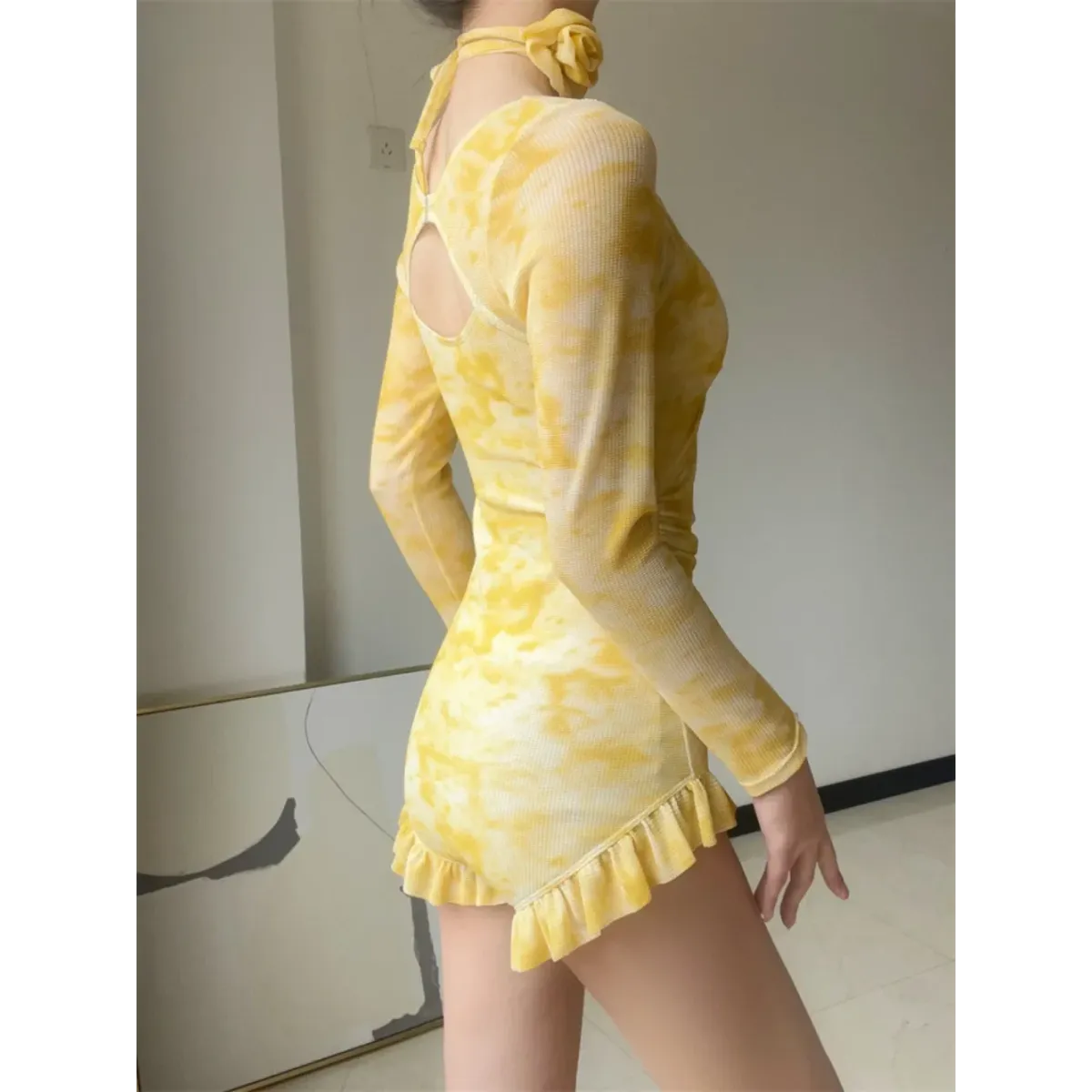 3D Floral Ruffle One-Piece – Korean Long Sleeve Beach Bodysuit