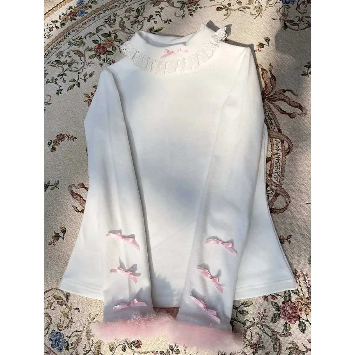 White Lace Trim Top – Pink Bow & Fuzzy Cuff Harajuku Blouse