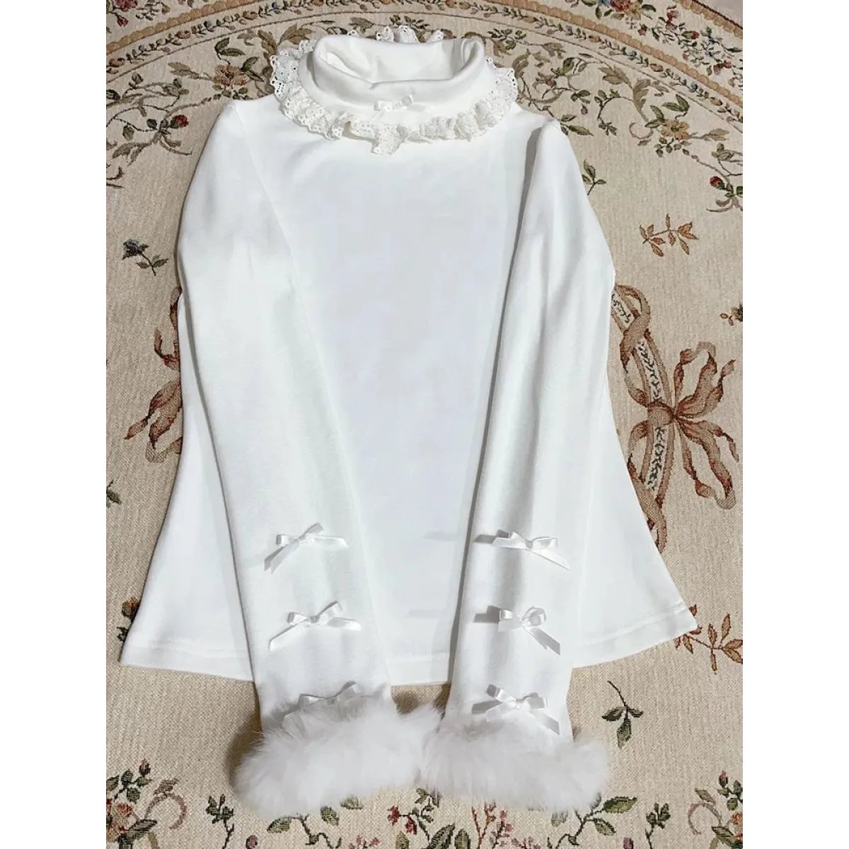 White Lace Trim Top – Pink Bow & Fuzzy Cuff Harajuku Blouse