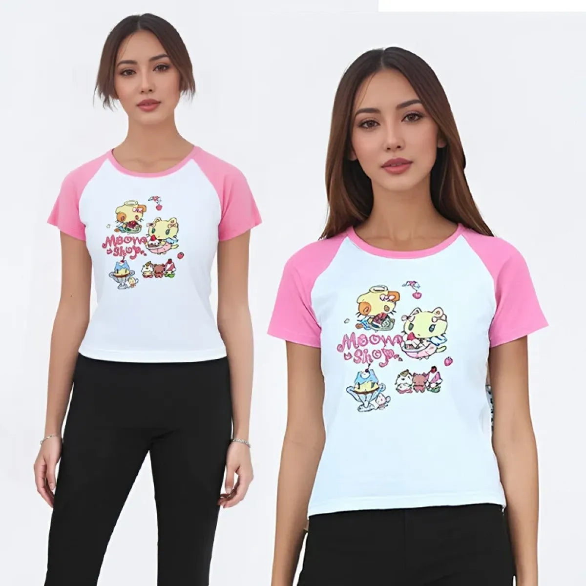 Cat Print T-Shirt – Pink White Patchwork Slim Fit Short Sleeve Tee