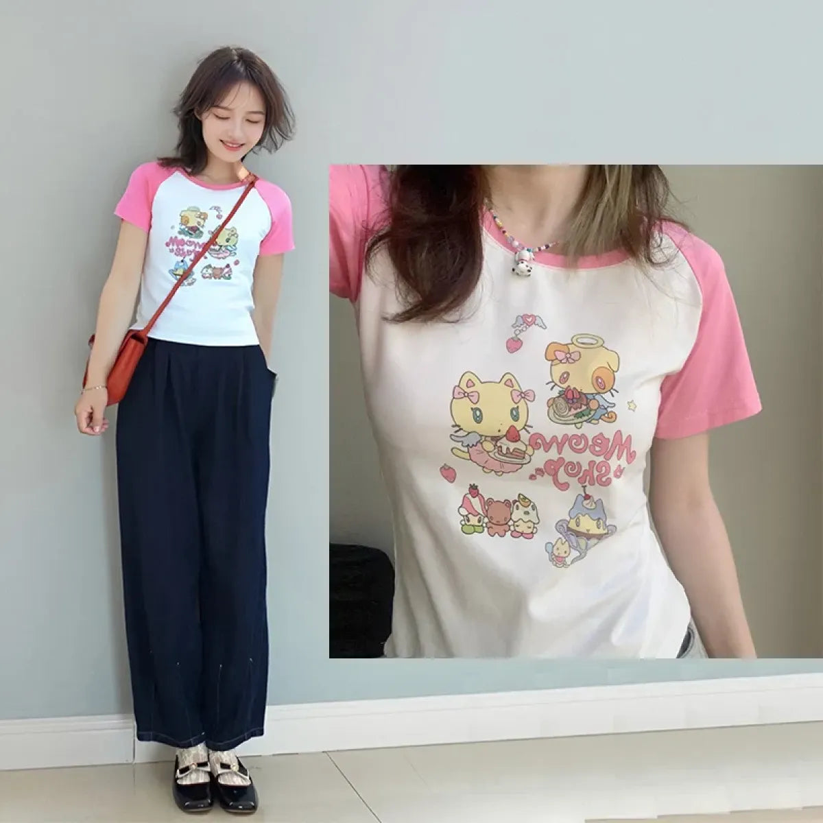 Cat Print T-Shirt – Pink White Patchwork Slim Fit Short Sleeve Tee