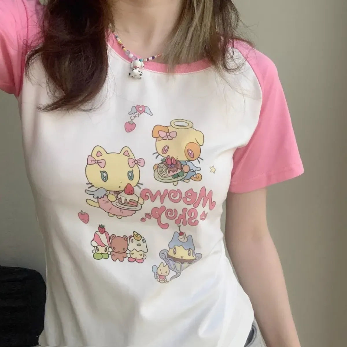 Cat Print T-Shirt – Pink White Patchwork Slim Fit Short Sleeve Tee