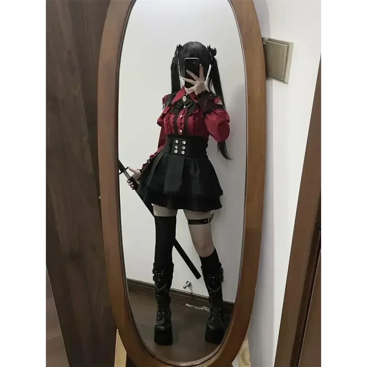 Y2K Off Shoulder Shirt and Ruched Lace Skirt Set