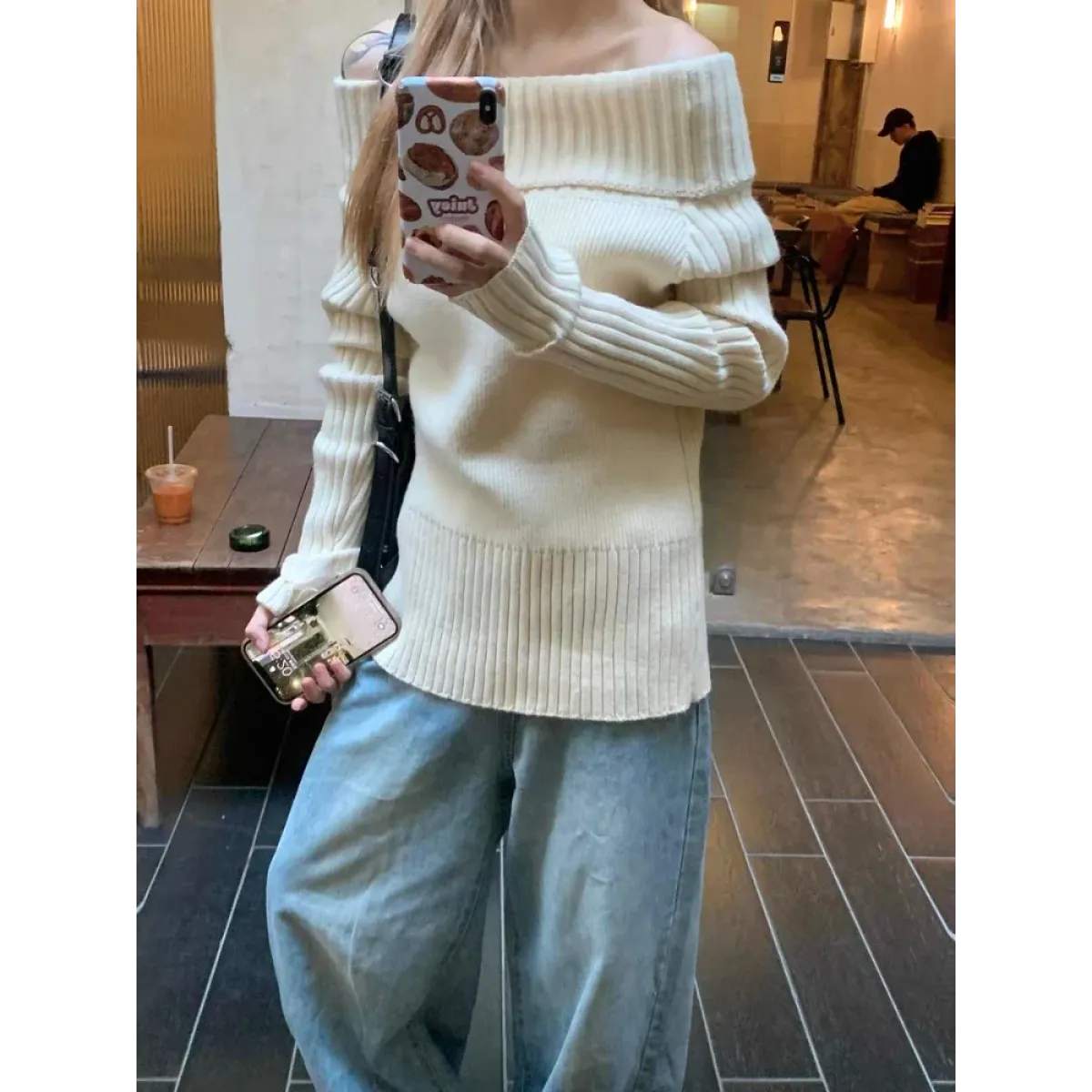 Beige Off Shoulder Knit Sweater – Elegant Harajuku Long Sleeve Pullover