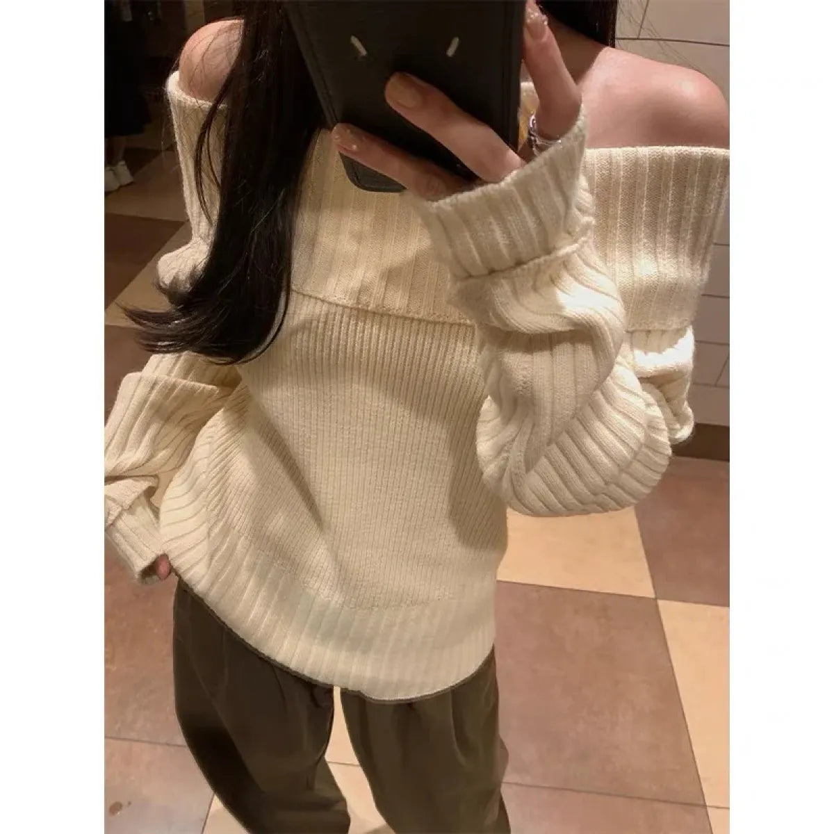 Beige Off Shoulder Knit Sweater – Elegant Harajuku Long Sleeve Pullover