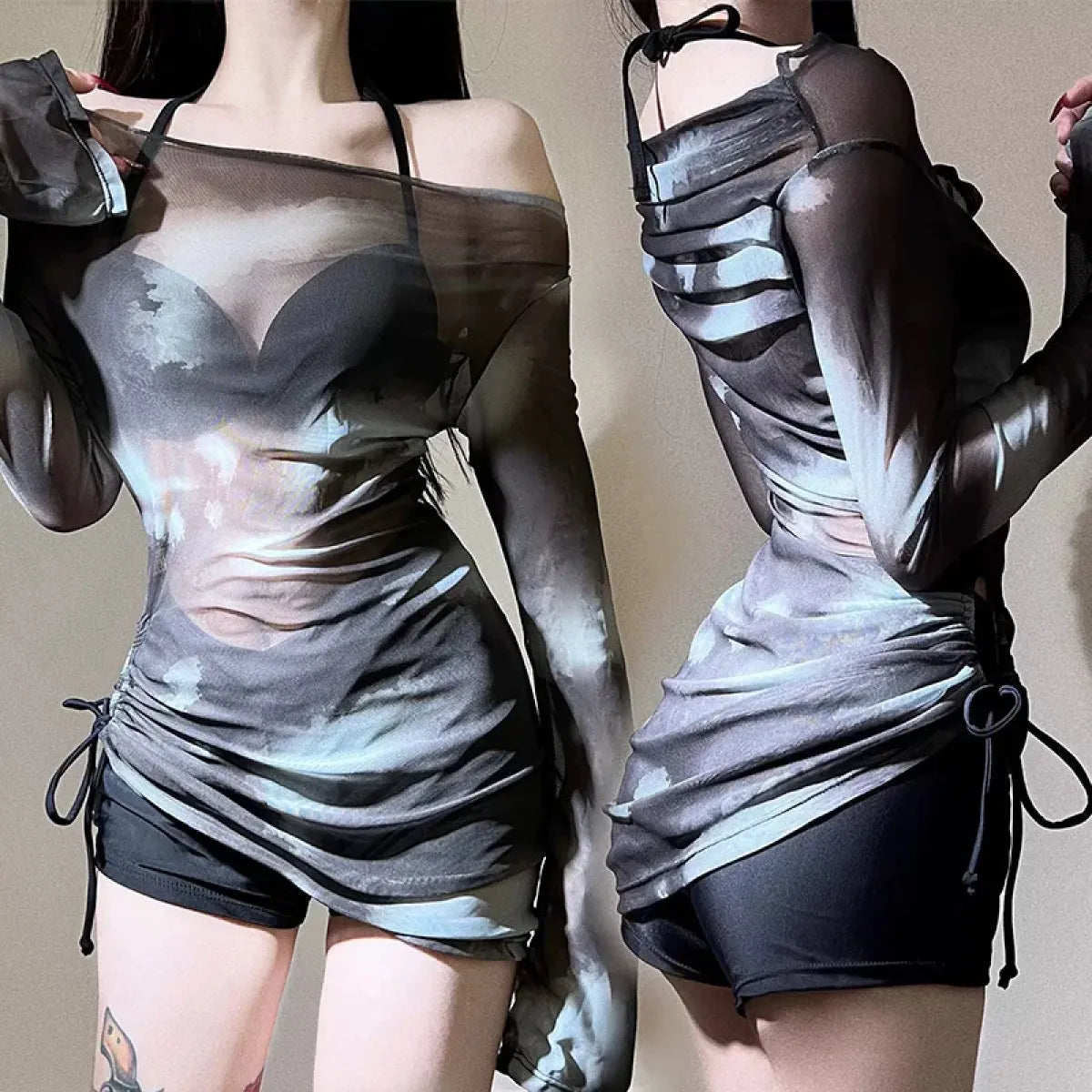 Tie-Dye Bikini Set – Korean Mesh Cover-Up with Drawstring Skirt