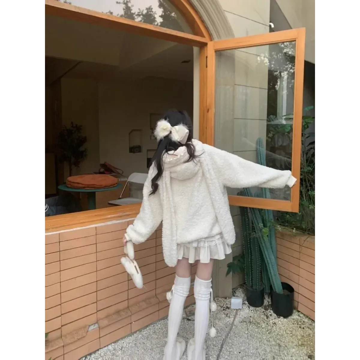 White Bunny Hoodie – Soft Lamb Wool Fleece Pullover Winter Style