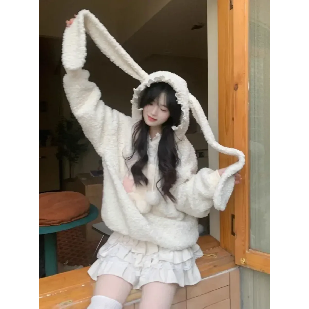 White Bunny Hoodie – Soft Lamb Wool Fleece Pullover Winter Style
