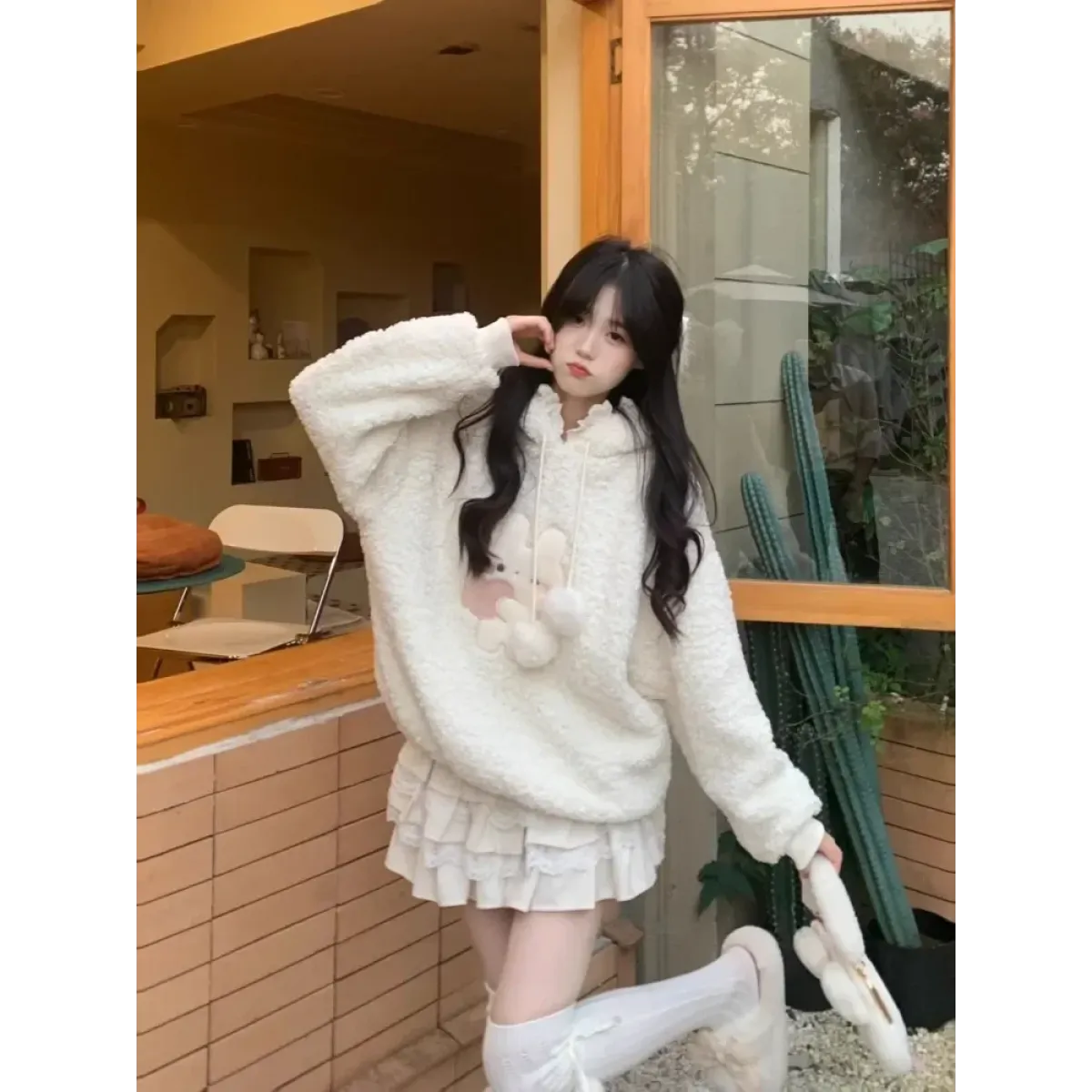 White Bunny Hoodie – Soft Lamb Wool Fleece Pullover Winter Style