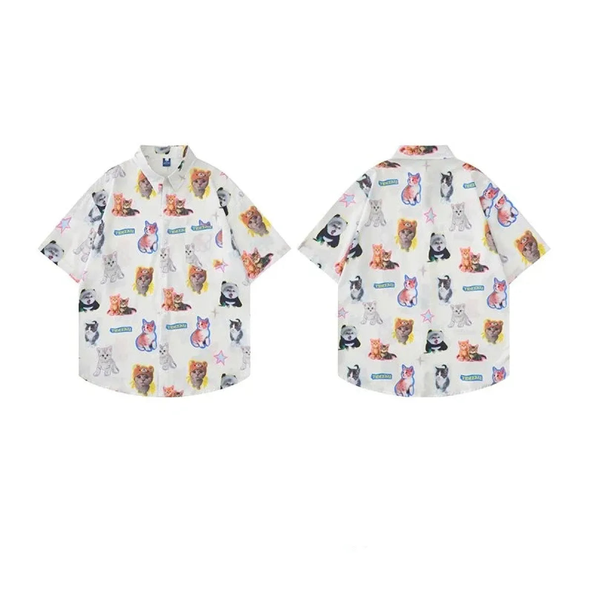 White Kawaii Cat Print Oversized Shirt – Harajuku Short Sleeve Blouse