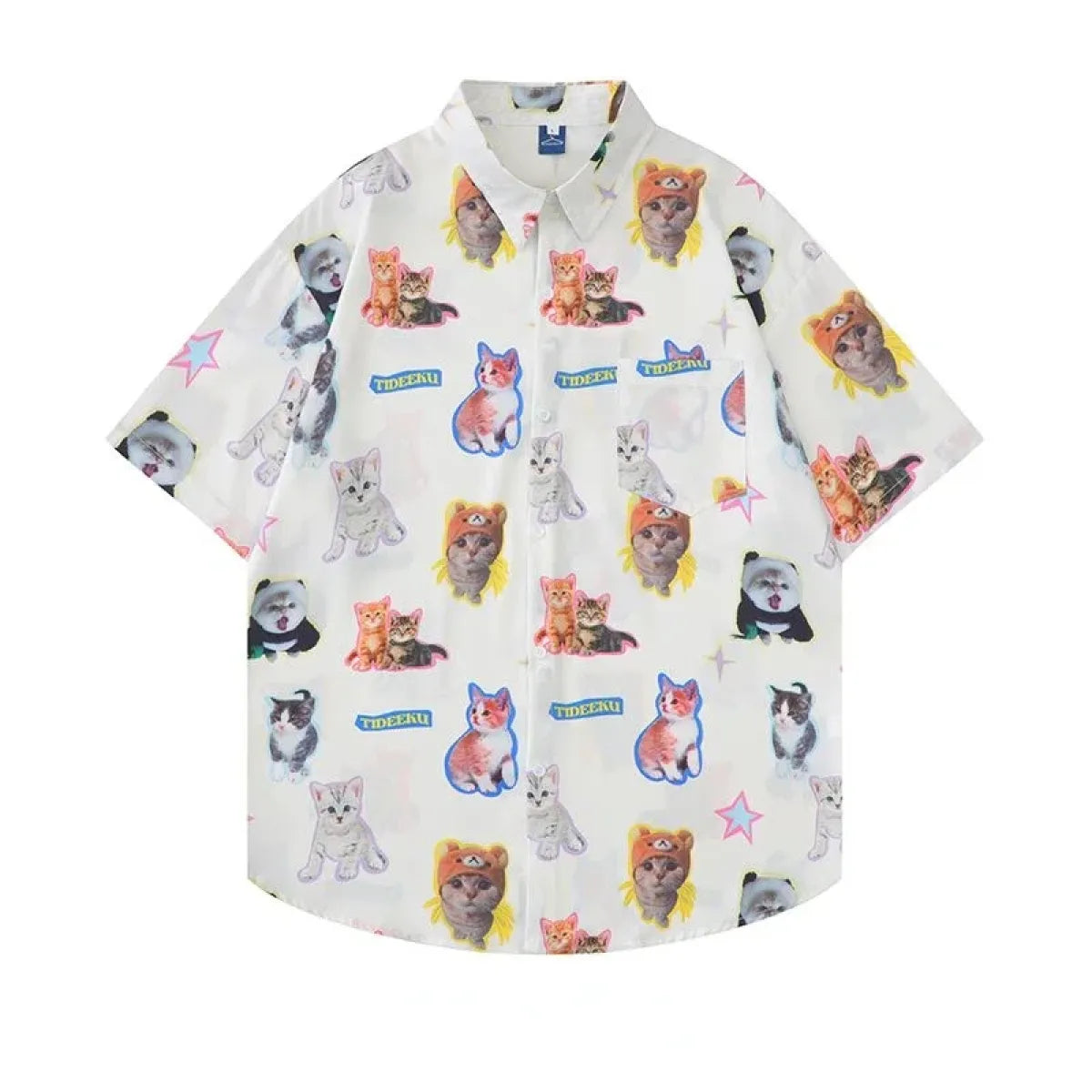 White Kawaii Cat Print Oversized Shirt – Harajuku Short Sleeve Blouse