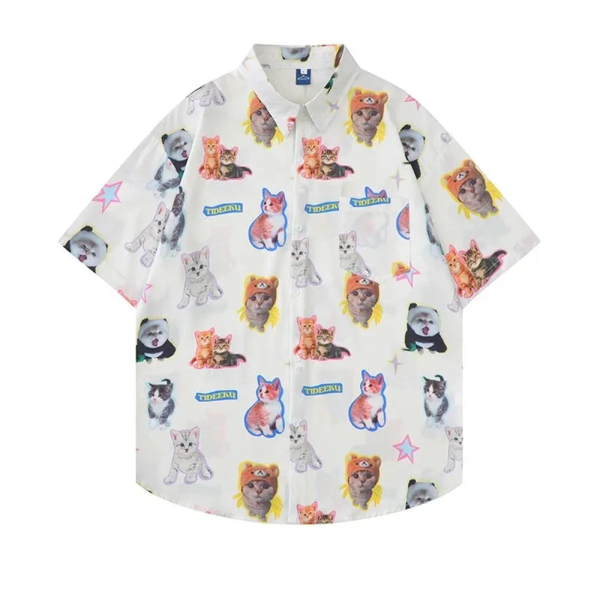 White Kawaii Cat Print Oversized Shirt – Harajuku Short Sleeve Blouse