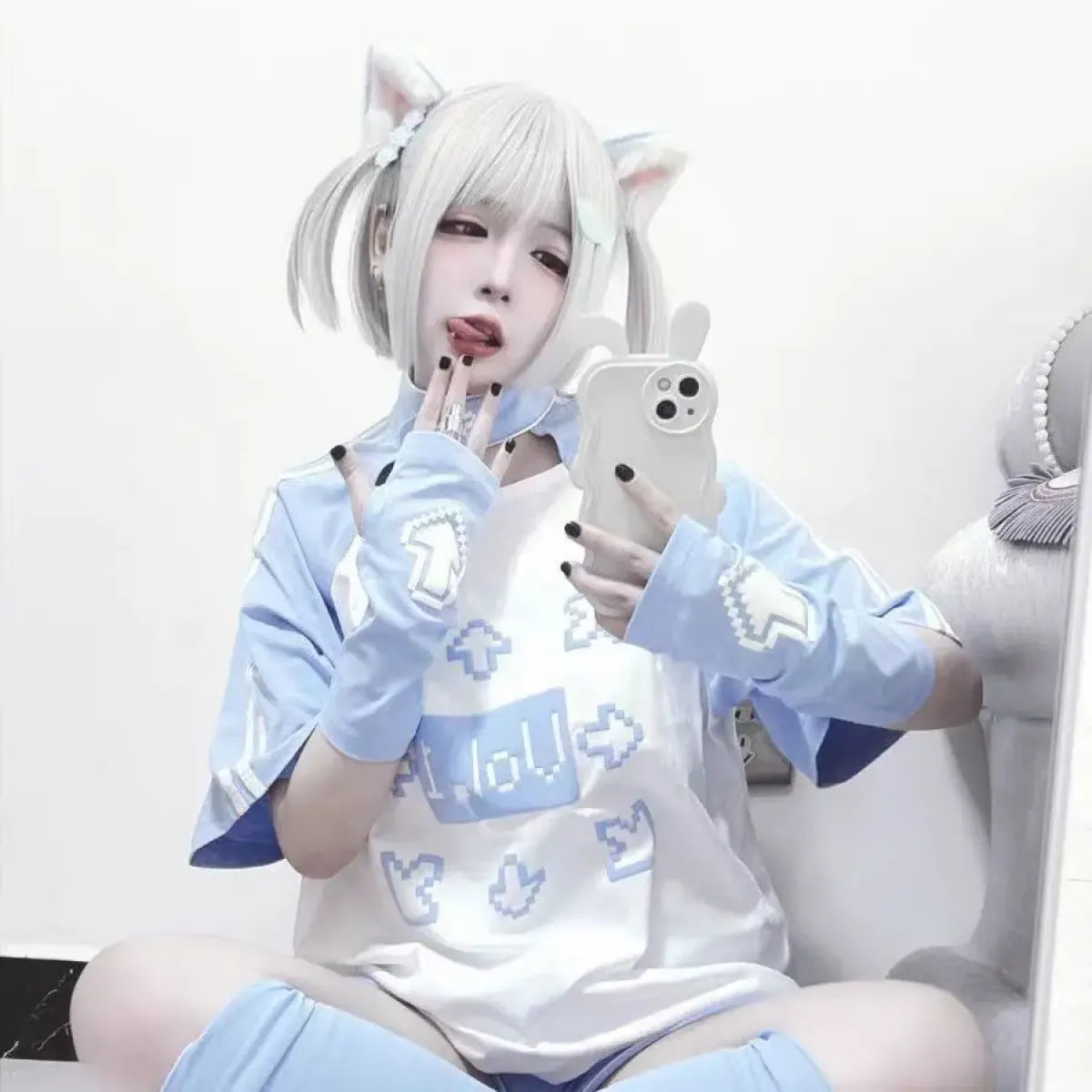 Blue & White Kawaii Harajuku Tops – Y2K Anime Print Top