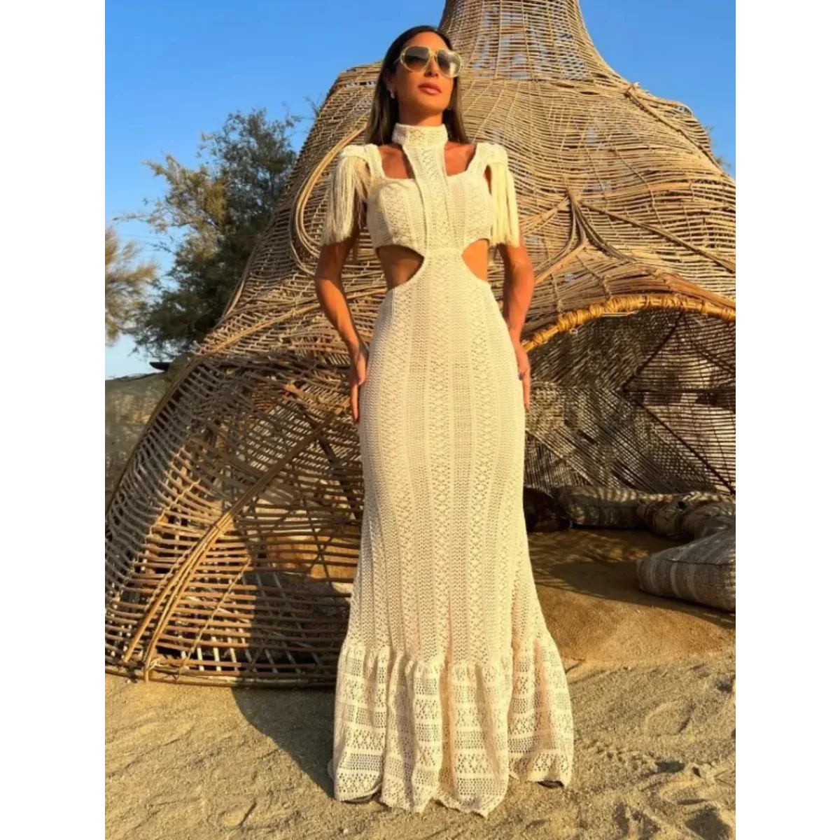 White Lace Turtleneck Dress: Sexy Slim Fit with Tassel Sleeves