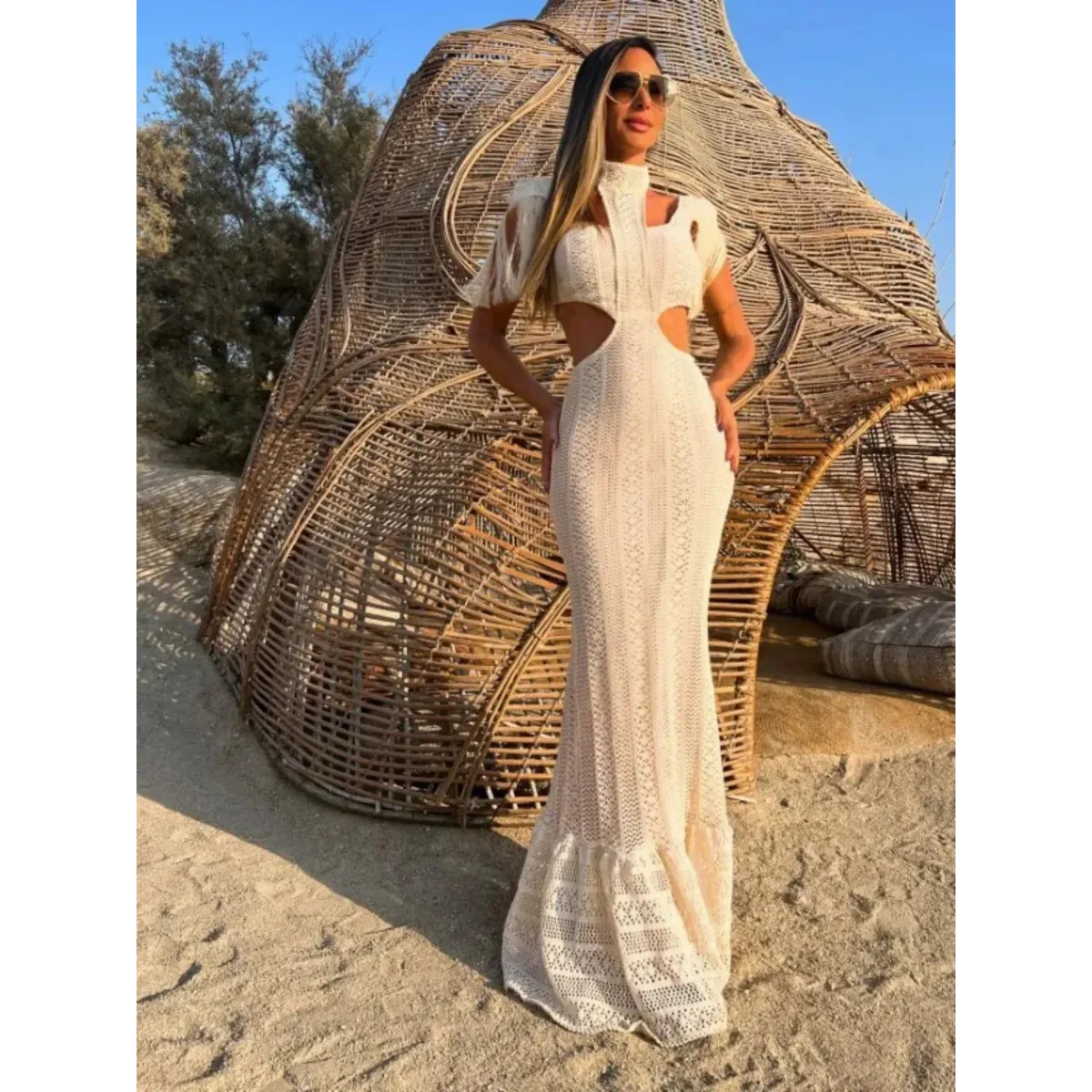 White Lace Turtleneck Dress: Sexy Slim Fit with Tassel Sleeves