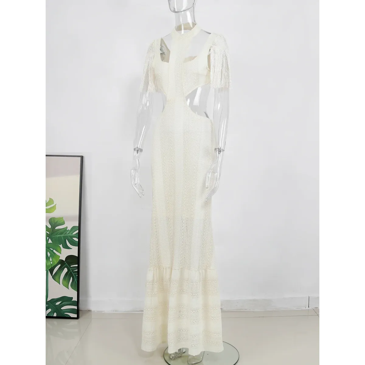 White Lace Turtleneck Dress: Sexy Slim Fit with Tassel Sleeves