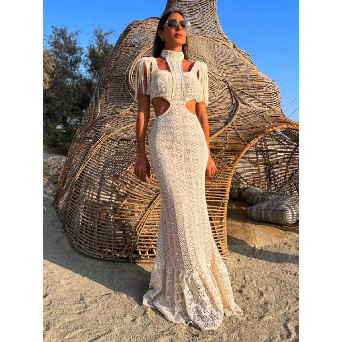 White Lace Turtleneck Dress: Sexy Slim Fit with Tassel Sleeves