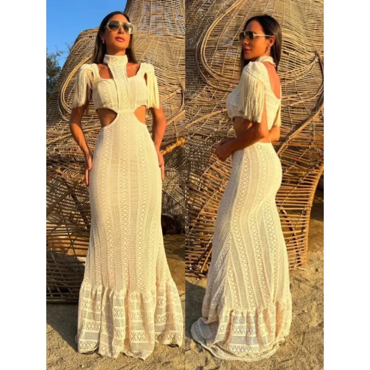 White Lace Turtleneck Dress: Sexy Slim Fit with Tassel Sleeves