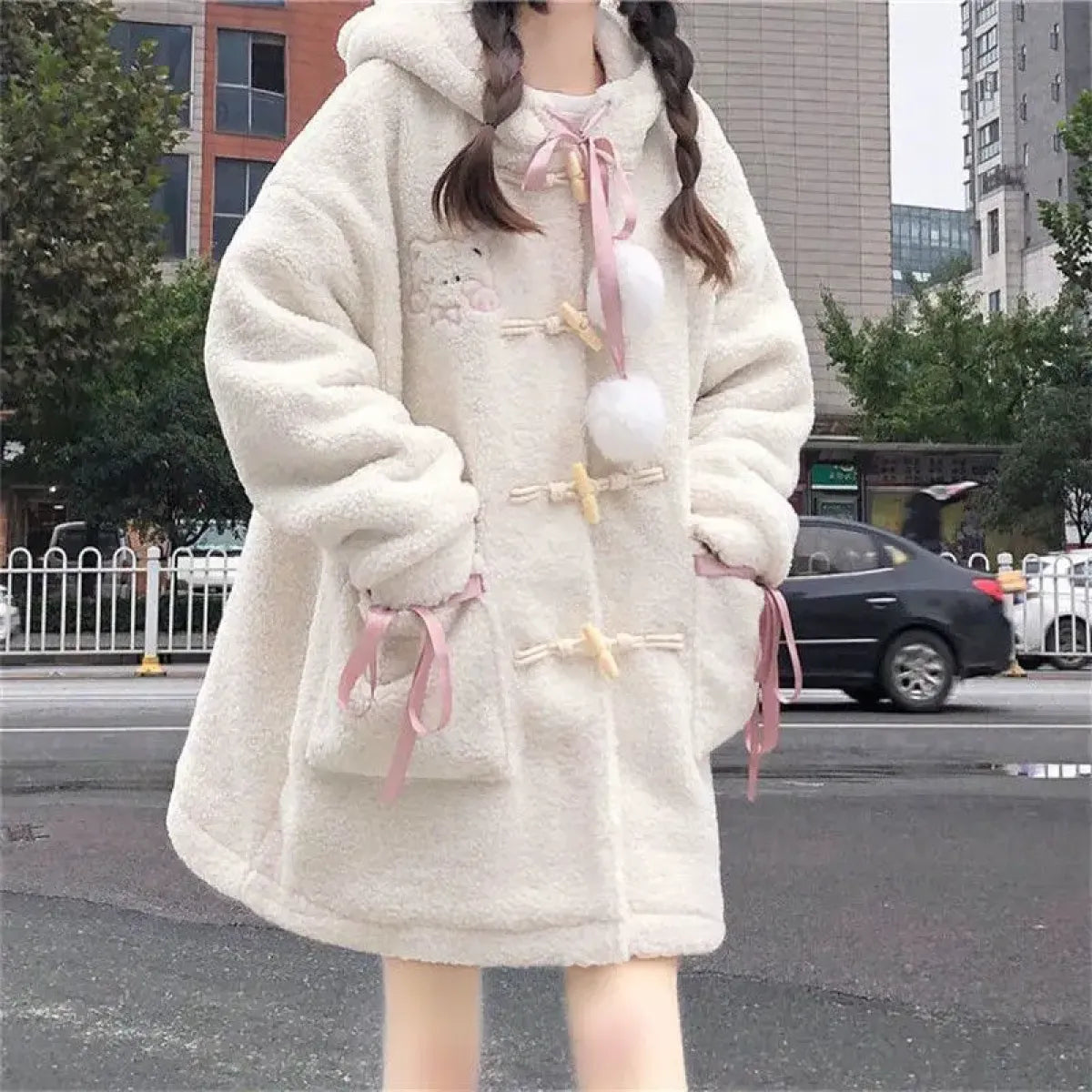 Winter Teddy Coat Women’s Oversized Hooded Jacket with Bows and Pockets