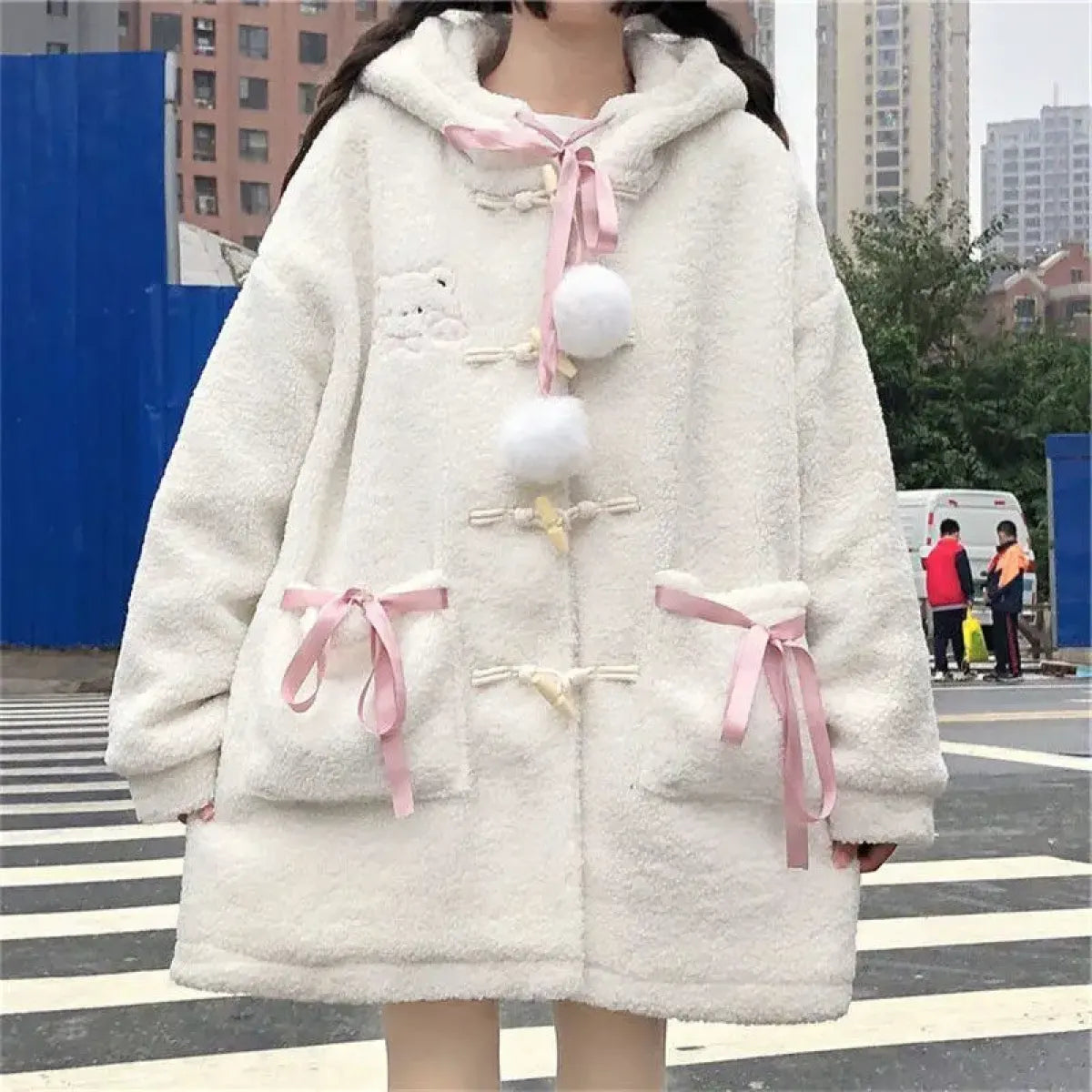 Winter Teddy Coat Women’s Oversized Hooded Jacket with Bows and Pockets