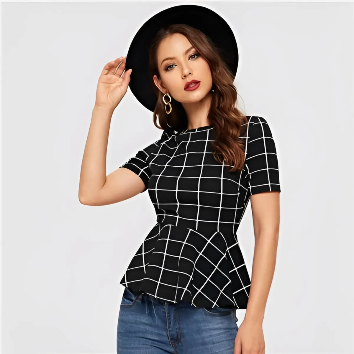Women's Plaid Design Black Blouse
