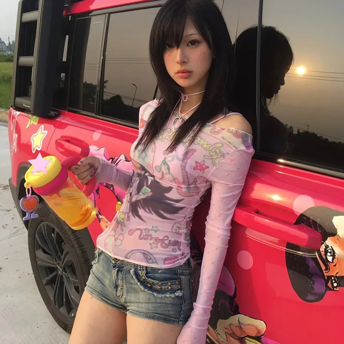 Y2K Anime Print Mesh Top – Pink Sheer Harajuku Kawaii T-Shirt